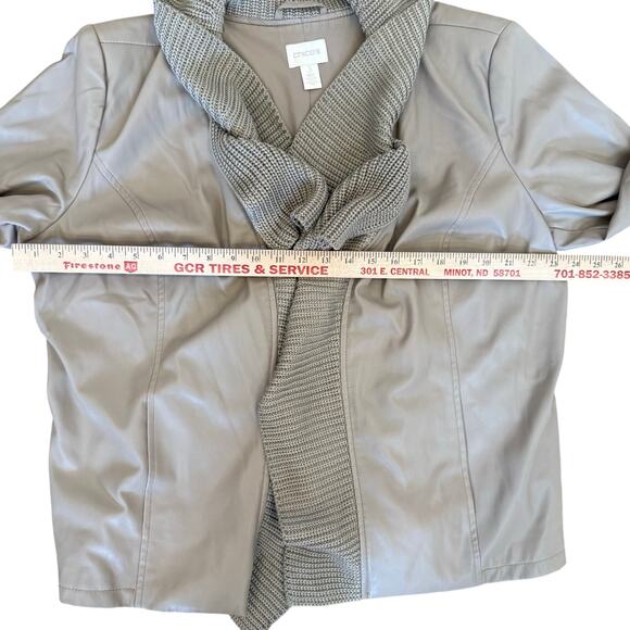 Chico's Jacket Women's Sz 3 16/18 Taupe Faux Leather Knit Collar Trim Lined Soft - Picture 6 of 10
